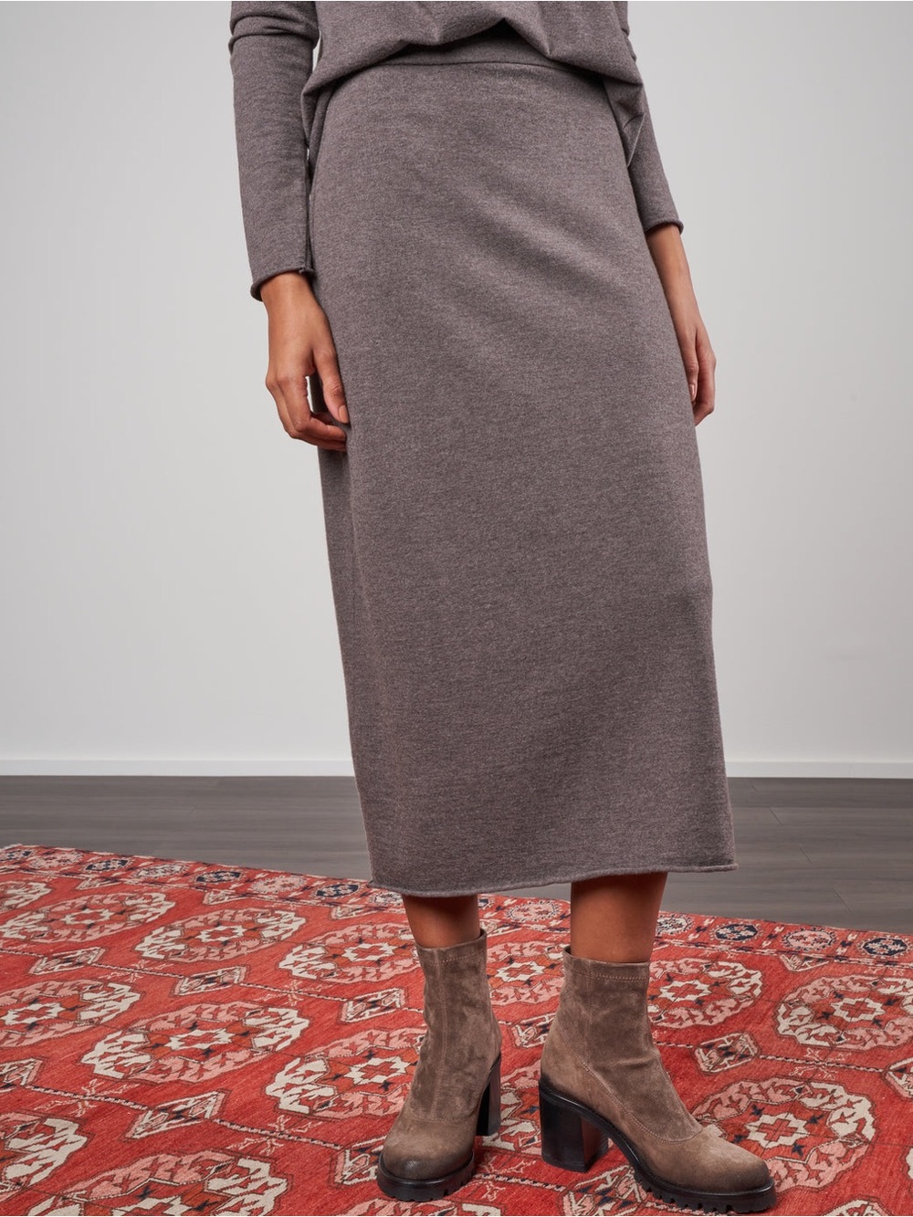 Labo Art - Wool Taupe Knit Coord Set Long Sleeve Sweater Top and Maxi Skirt - Picture 3 of 14